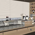 Modern Bay Window With Upholstered Seat Patterned Cushions Wine Bottles Cat Coffee Machine And Blinds