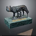 Roman Bronze Wolf Sculpture On Green Marble Base With Golden Roma Plaque