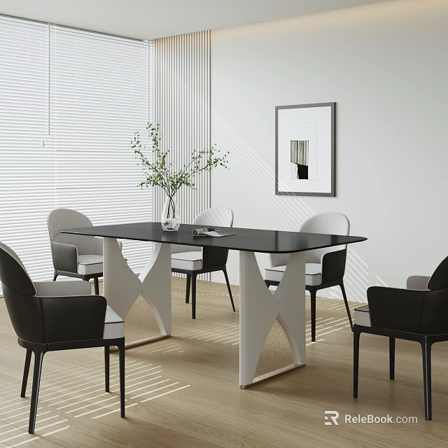 Modern Minimalist Dining Table Set With Black White Chairs Vase And Wall Art 3d model 