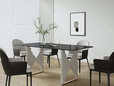 Modern Minimalist Dining Table Set With Black White Chairs Vase And Wall Art 3d model