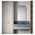 Modern Bathroom Vanity with Dark Green Marble Countertop Arched Mirror and Open Shelves