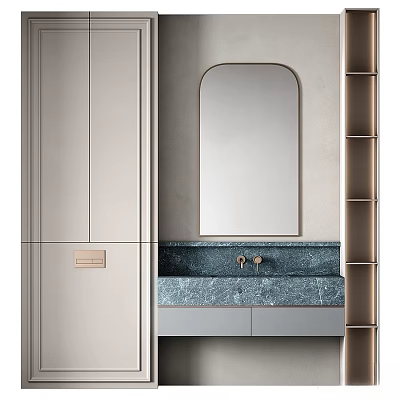 Modern Bathroom Vanity with Dark Green Marble Countertop Arched Mirror and Open Shelves 3d model