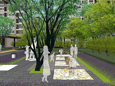Urban Garden Landscape With Tall Trees Lush Lawn People Gathering And Residential Buildings 3d model