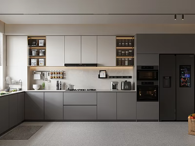 Modern Kitchen Interior With Gray Cabinets Built in Appliances Island And Countertop 3d model