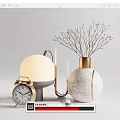 Modern Decorative Ornament Set With Gold Alarm Clock Table Lamp And Marble Vase