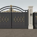 Ornate Wrought Iron Entrance Gate With Gold Accents Stone Pillars Green Trees And Blue Sky