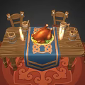 Wooden Dining Table Set With Four Chairs Blue Tablecloth Roast Chicken Candles Red Patterned Rug