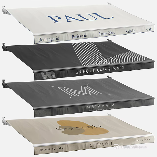 Commercial Awnings With Cafe Diner And Store Logos For Business Signage 3d model 