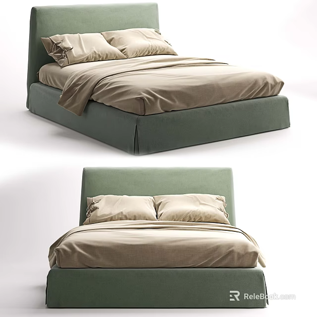 Modern Double Bed With Green Headboard And Beige Bed Sheets Design 3d model
