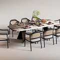 Modern Dining Table Set With Marble Top Rattan Back Chairs Decorative Plants And Tableware 3d model