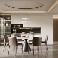 Modern Restaurant Interior Design With White Cabinets Wine Rack Dining Table And Pendant Lights