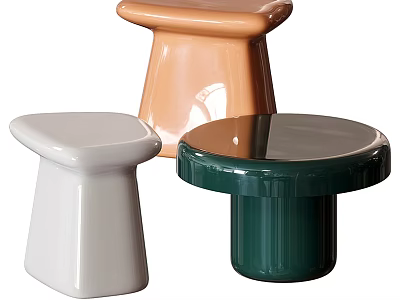 Modern Stylish Glossy Ceramic Stools With White Orange Green Hues And Unique Shapes 3d model