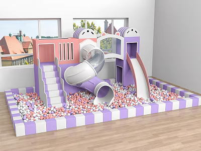 Indoor Kids Play Equipment With Purple Pink Slide Tunnel Steps And Ball Pit 3d model