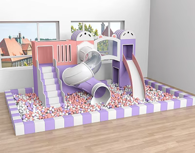 Indoor Kids Play Equipment With Purple Pink Slide Tunnel Steps And Ball Pit 3d model