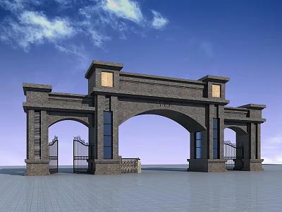 Elegant Stone Entrance Gate Featuring Arch Structure And Iron Gates Against Blue Sky 3d model