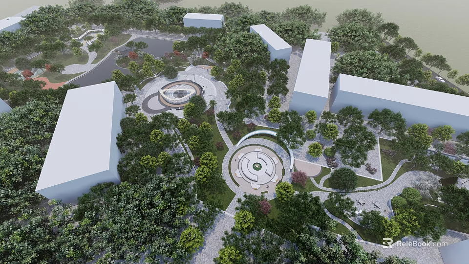 Park Landscape With Lush Trees White Buildings Circular Plazas And Paths 3d model 