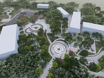 Park Landscape With Lush Trees White Buildings Circular Plazas And Paths 3d model