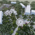 Park Landscape With Lush Trees White Buildings Circular Plazas And Paths