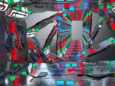 Cartoon Scene of Dynamic Futuristic Tunnel With Metallic Structures RGB Lights And Reflective Floor 3d model