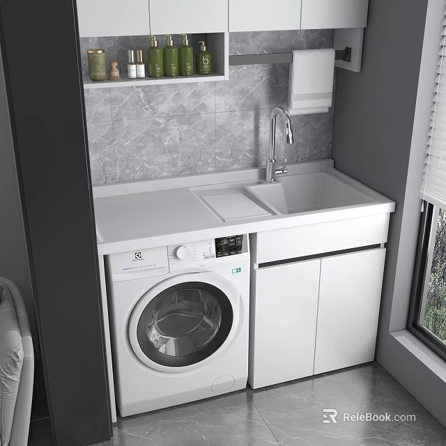 Home Balcony Design With Washing Machine Sink Gray Wall Tiles White Cabinet And Window 3d model 