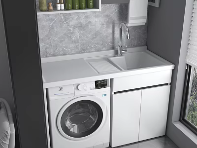 Home Balcony Design With Washing Machine Sink Gray Wall Tiles White Cabinet And Window 3d model