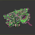 Intricate Mechanical Weapon Featuring Gears Chain and Vibrant Green Pink Design