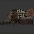 Cartoon Scene With Wooden Cabin Small Shed Orange Trees Boat American Flag And Wooden Dock