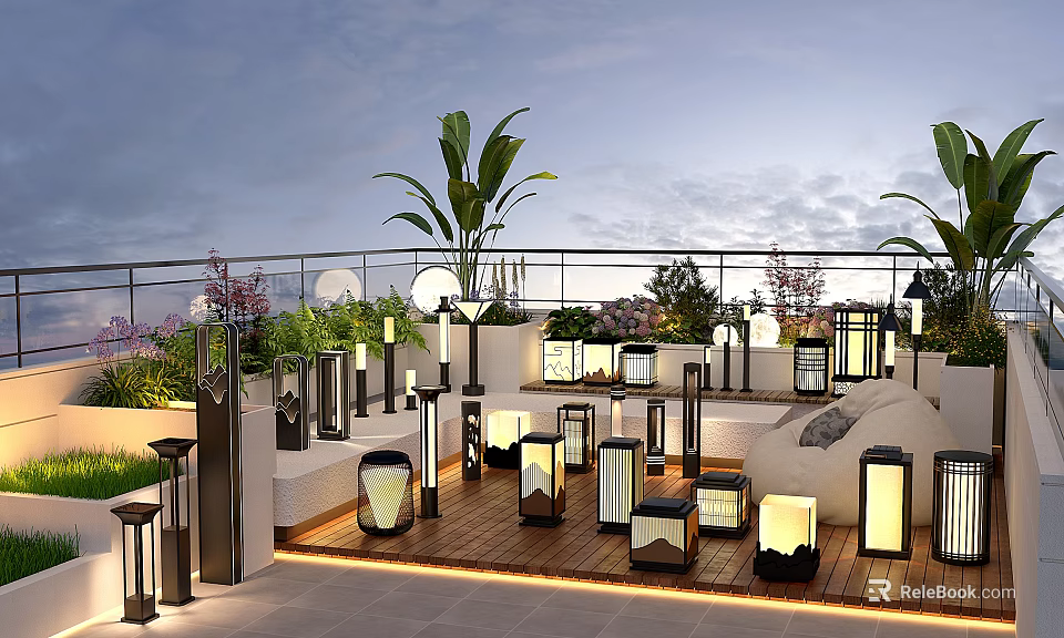 Elegant Rooftop Garden With Lush Plants Decorative Lights And Wooden Deck 3d model 