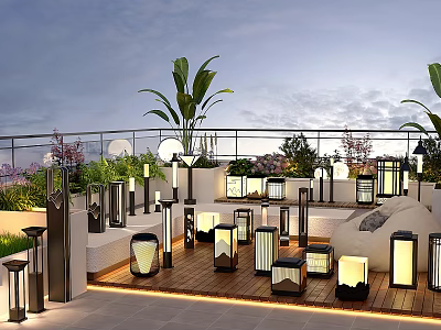 Elegant Rooftop Garden With Lush Plants Decorative Lights And Wooden Deck 3d model