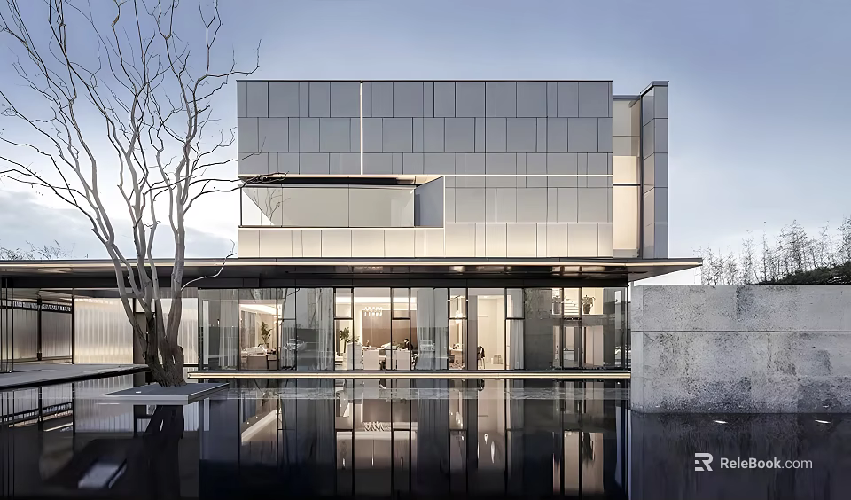 Modern Sales Office Building Featuring Glass Facade Metal Panels And Reflective Water Pool 3d model 