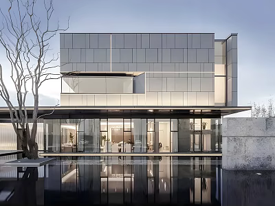 Modern Sales Office Building Featuring Glass Facade Metal Panels And Reflective Water Pool 3d model