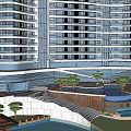 Modern Curved High Rise Building With Balconies Pedestrian Walkway And Green Trees
