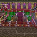 Cartoon Castle Palace Interior With Red Carpet Stairs Arched Windows Purple Lighting And Decorative Columns