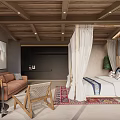 Hotel Room Featuring Wooden Ceiling White Canopy Bed Mountain View Brown Sofa And Colorful Rug