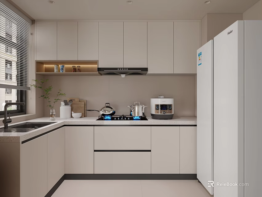 Modern Open Concept Kitchen With White Cabinets Cooktop Range Hood And Refrigerator 3d model
