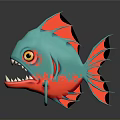 Cartoon Turquoise Fish With Red Fins Yellow Eyes And Sharp Teeth