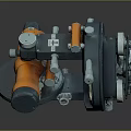 Industrial Mechanical Equipment With Orange And Gray Design Featuring Wheels And Bolts