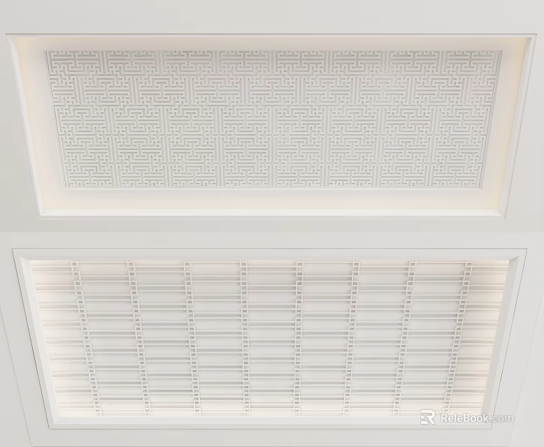 Modern Ceiling Design With Geometric Pattern And Recessed Grid Texture White Interior Finish 3d model 