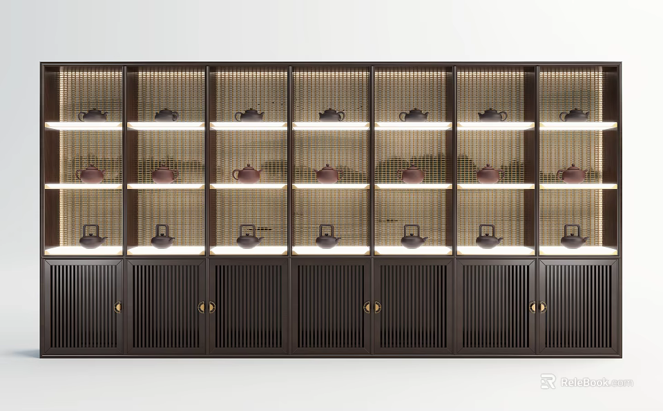 Stylish Dark Wood Decorative Cabinet With Tea Pots On Illuminated Shelves 3d model 