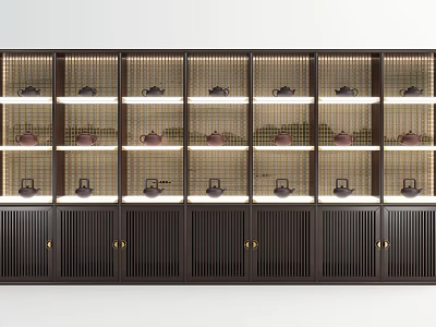 Stylish Dark Wood Decorative Cabinet With Tea Pots On Illuminated Shelves 3d model