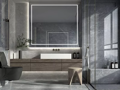 Modern Bathroom Interior With Backlit Mirror Marble Walls And Glass Shower 3d model