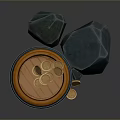 Rustic Wooden Barrel With Gold Coins Blue Gemstones And Scattered Coins