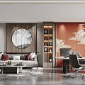 Modern Office Interior With Sofa Coffee Table Desk Computer Round Mirror And Orange Wall 3d model