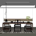 Modern Minimalist Tea Room Interior Design With Wooden Table Tea Sets Green Plant And Seats