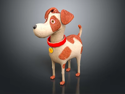 Cartoon Dog Character 3D Model With Brown And White Fur Red Collar And Yellow Tag 3d model