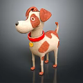 Cartoon Dog Character 3D Model With Brown And White Fur Red Collar And Yellow Tag