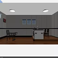 Control Room with White Walls Red Clock White Console Computer Wooden Flooring and Circular Lights