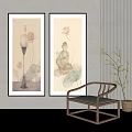 Chinese Zen Interior With Ink Paintings Buddha Figure And Wooden Armchair