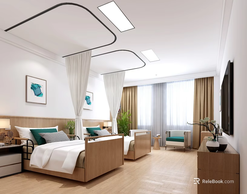 Modern Hotel Guest Room Featuring Twin Wooden Beds White Linens Green Pillows And Curtained Windows 3d model 