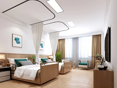 Modern Hotel Guest Room Featuring Twin Wooden Beds White Linens Green Pillows And Curtained Windows 3d model